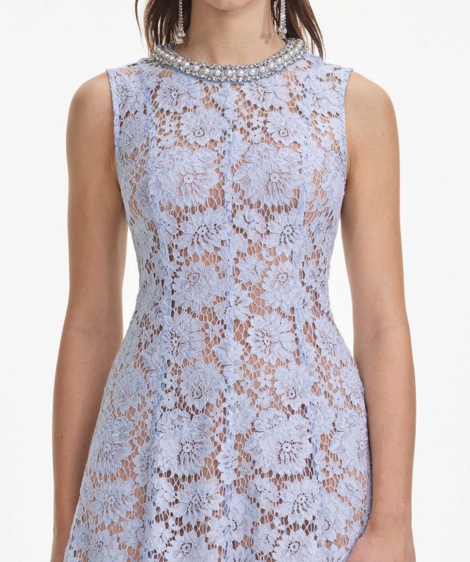 Self-Portrait Blue Fine Lace Pearl Midi Dress
