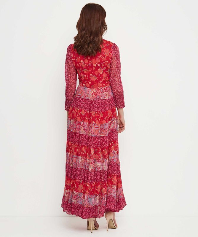 RIXO Kristen Mixed Print Tiered Midi Dress