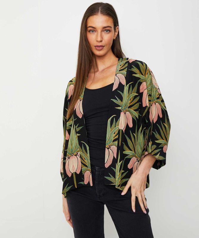 One Hundred Stars Deco Bud Black Crepe Kimono