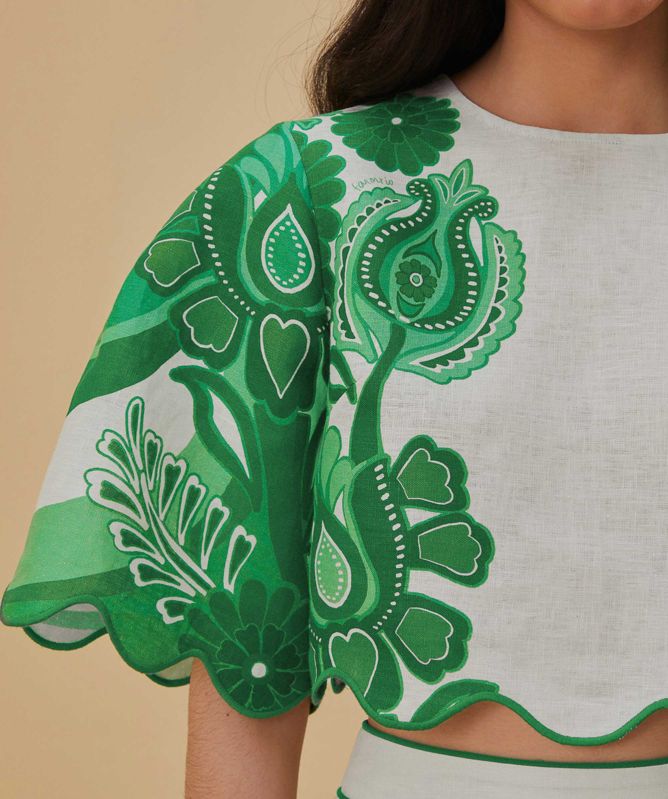 FARM Rio Cropped Linen Festival Blouse