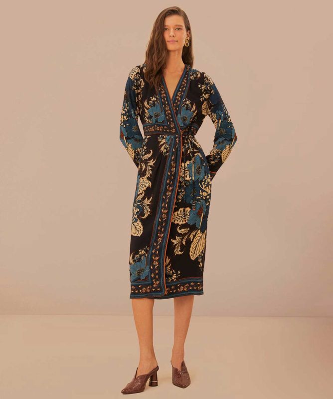 Farm Rio Black Blossom Tapestry Midi Wrap Dress Farm Rio Black Blossom Tapestry Midi Wrap Dress