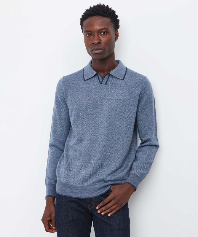 Thomas Maine Herringbone Open Collar Polo