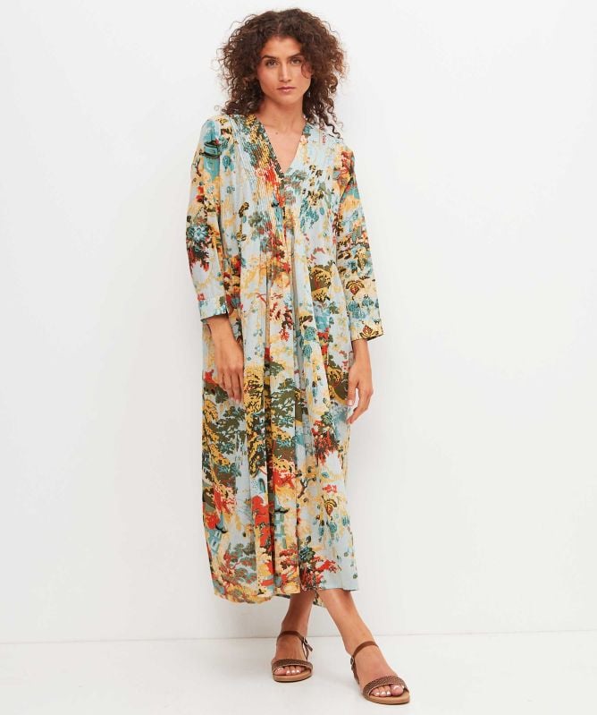One Hundred Stars China Tree Aqua Pinch Pleat Dress