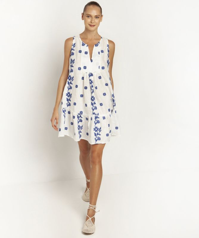 Greek Archaic Kori Linen Daisy Embroidered Mini Dress