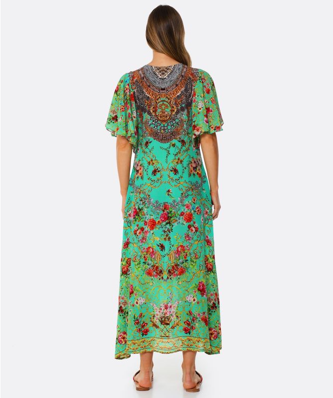 Inoa Chartreuse Silk Frill Sleeve Maxi Dress