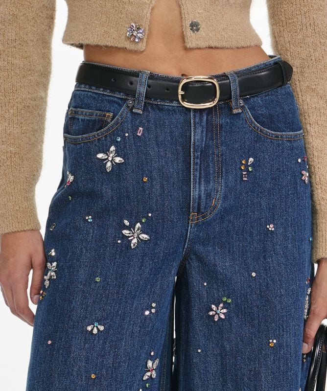 Self-Portrait Blue Embellished Wide Leg Jeans