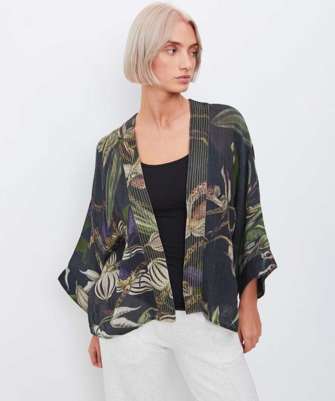 One Hundred Stars Orchid Black Wool Kimono