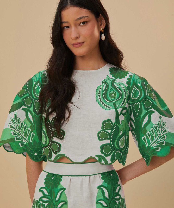 FARM Rio Cropped Linen Festival Blouse