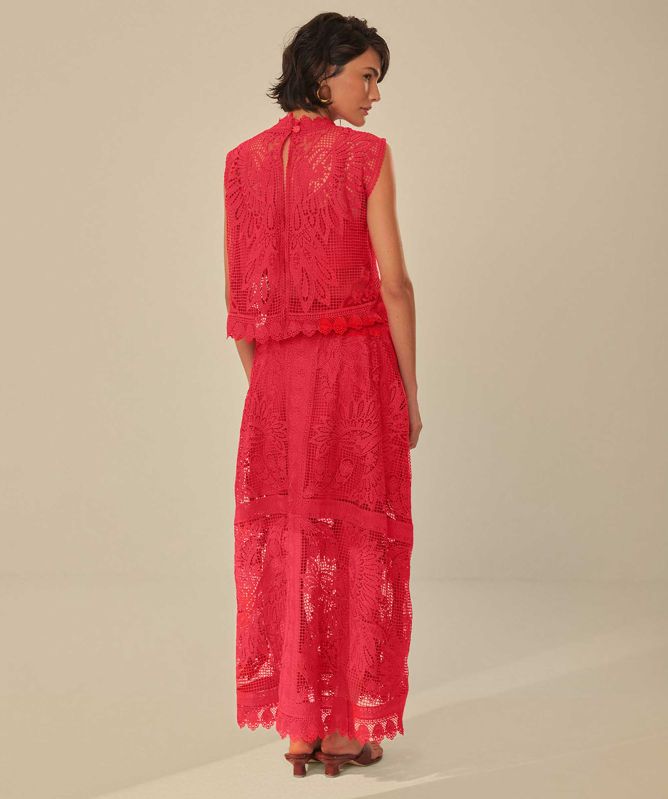 FARM Rio Red Toucan Guipure Midi Skirt