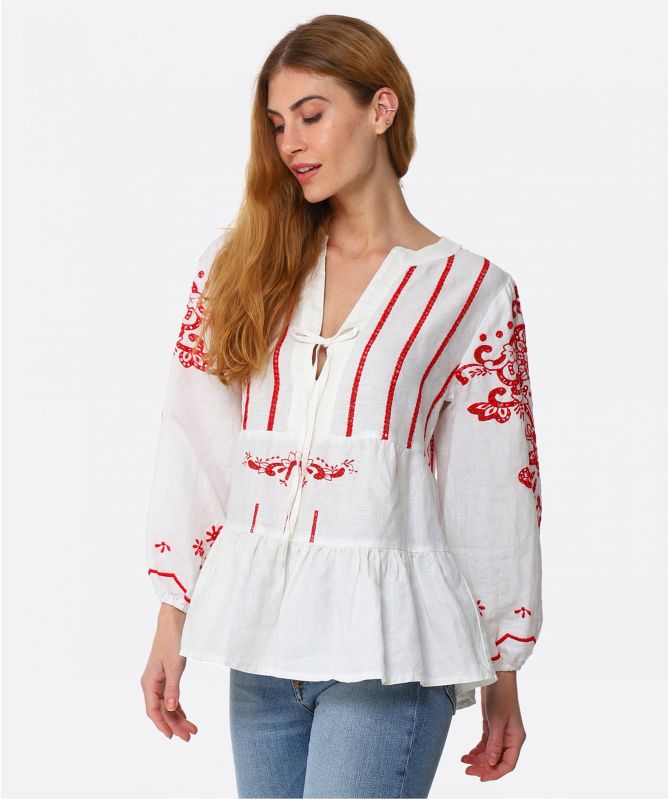 Greek Archaic Kori Tier Embroidered Linen Blouse
