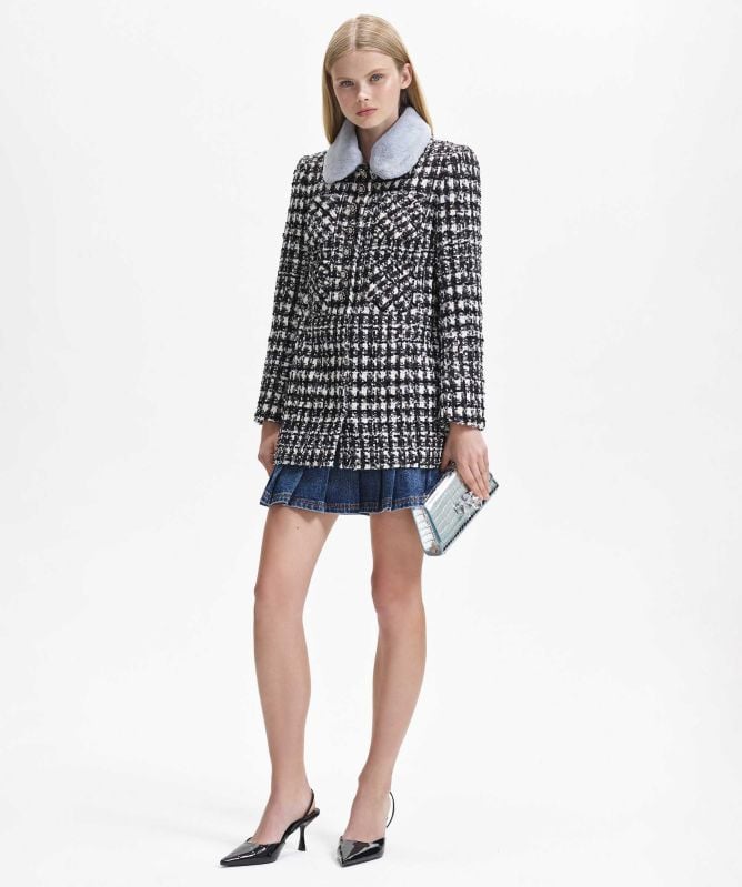 Self-Portrait Check Boucle Faux Fur Collar Jacket