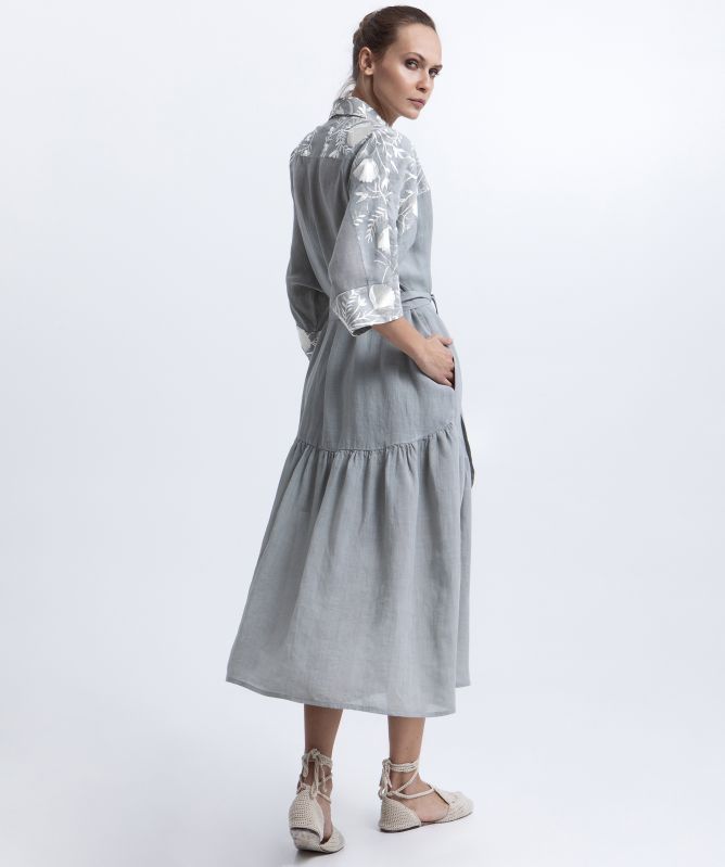 Greek Archaic Kori Blossom Embroidered Shirt Dress