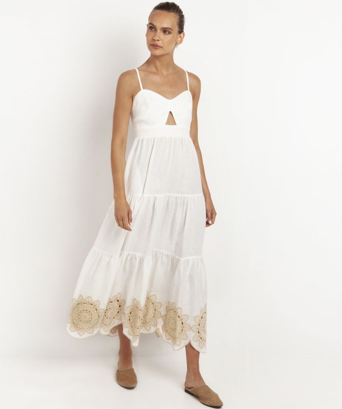 Greek Archaic Kori Linen Daisy Cutout Embroidered Dress