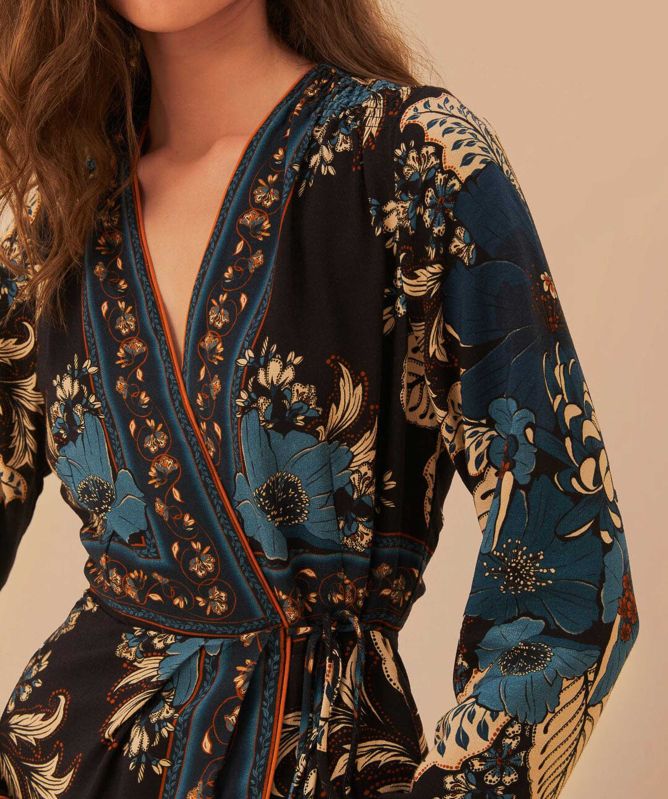 Farm Rio Black Blossom Tapestry Midi Wrap Dress