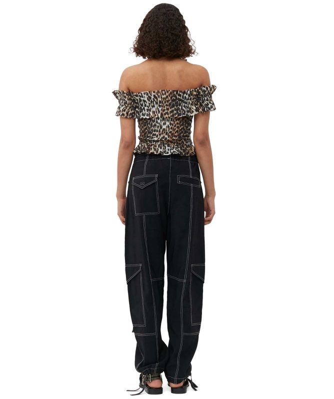 GANNI Voile Off-Shoulder Leopard Print Smock Top