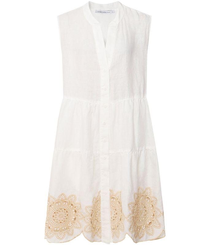 Greek Archaic Kori Linen Embroidered Daisy Sleeveless Dress