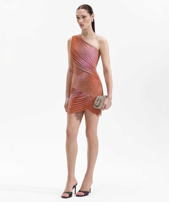 Self-Portrait Printed Mesh Rhinestone Mini Dress