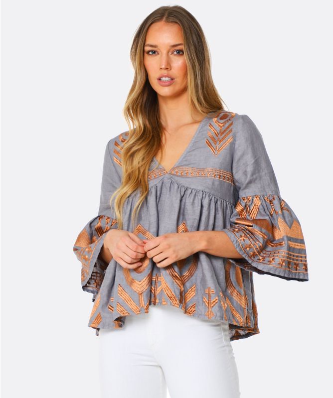 Greek Archaic Kori Linen Embroidered V-Neck Blouse