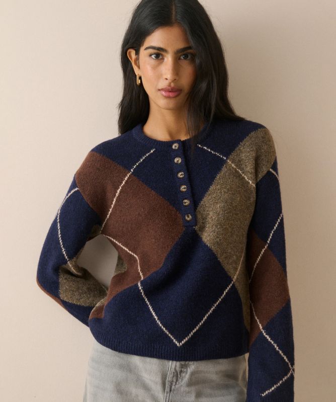 Nobody's Child Argyle Ribbed Trim Henley Sweater