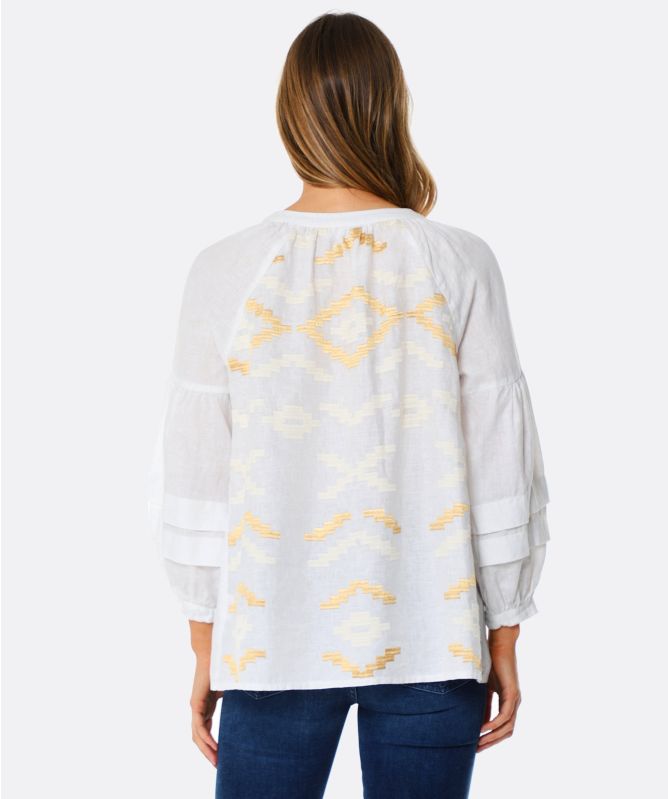 Greek Archaic Kori Rhombus Embroidered Linen Top