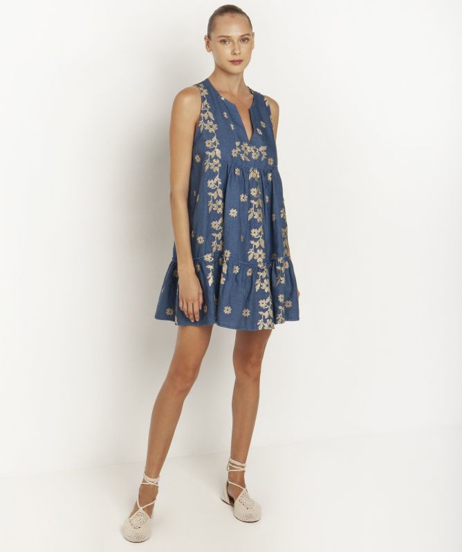 Greek Archaic Kori Linen Daisy Embroidered Mini Dress