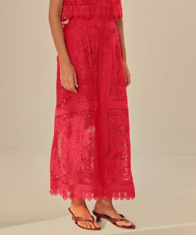 FARM Rio Red Toucan Guipure Midi Skirt
