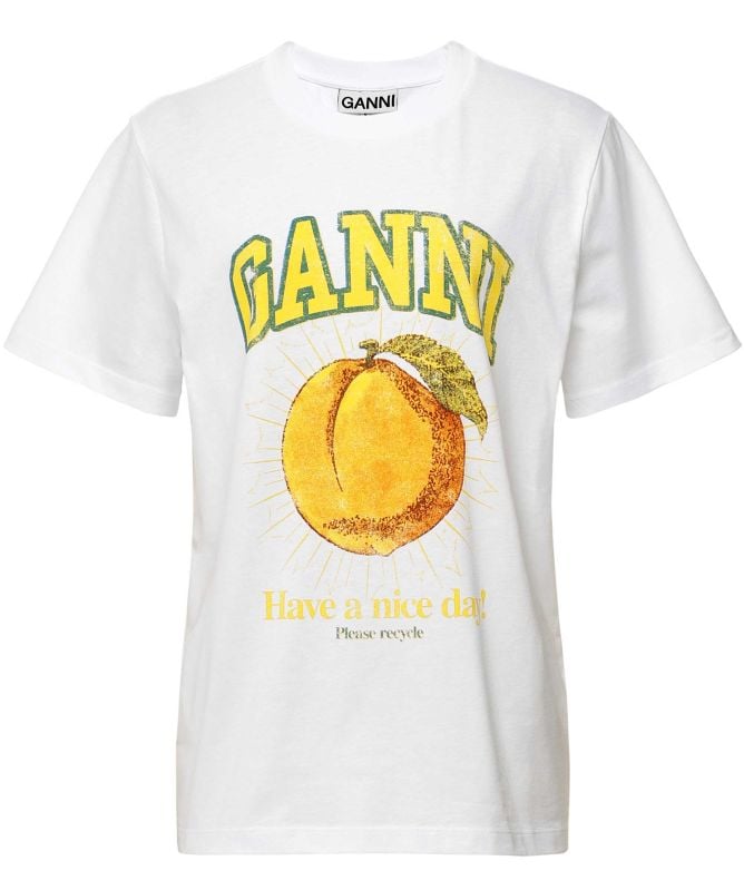 GANNI White Relaxed Organic Cotton Peach T-Shirt | Jules B