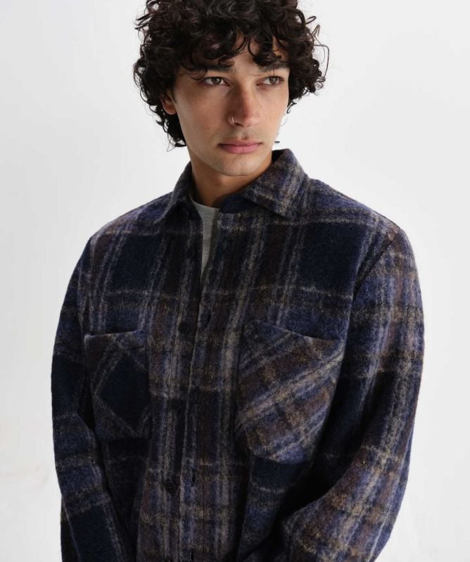 Wax London Wool Check Whiting Overshirt