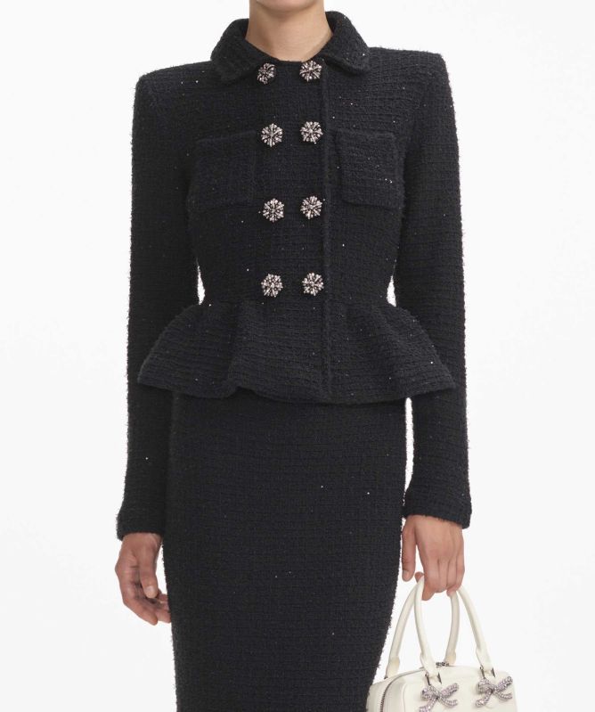 Self-Portrait Black Textured Knit Peplum Midi Dress