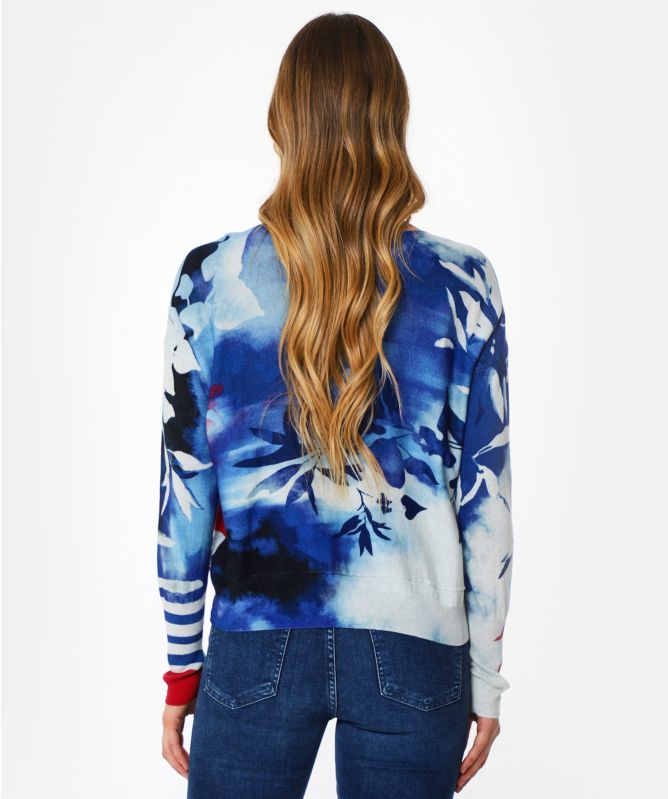 High Illustrative Leaf Print Lightweight Sweater