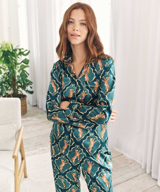 Chelsea Peers Satin Gilded Tiger Print Long Pyjamas