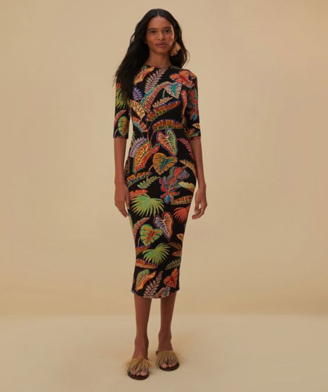 FARM Rio Cool Foliage Black Jersey Midi Dress