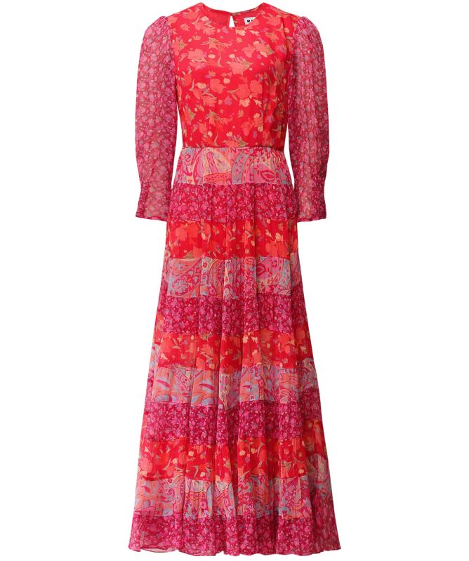 RIXO Kristen Mixed Print Tiered Midi Dress