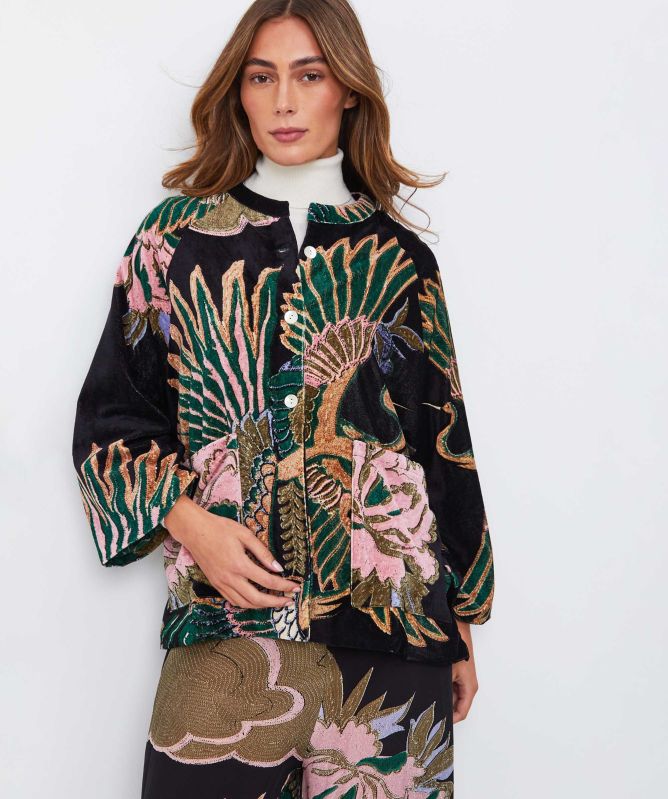 One Hundred Stars Crane Emerald Velvet Jacket