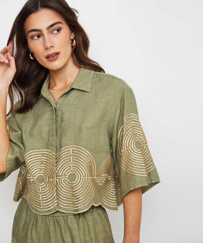Greek Archaic Kori Circle Cropped Linen Shirt