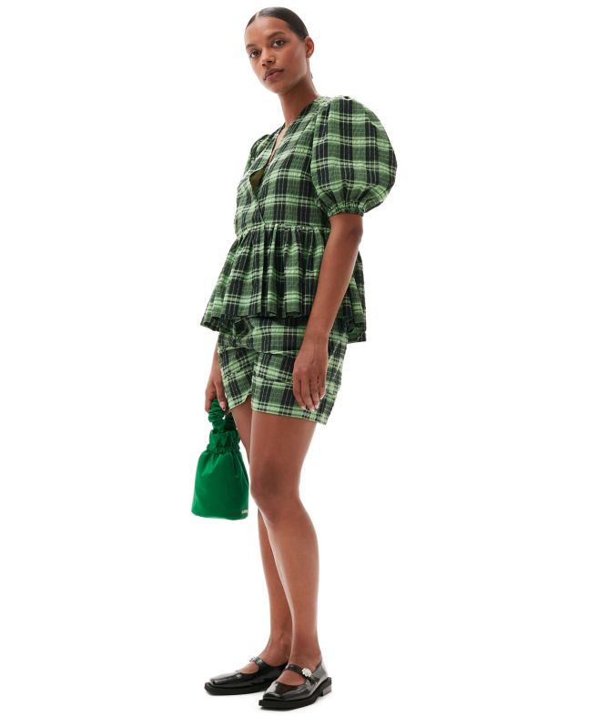 GANNI Seersucker Check Wrap Blouse