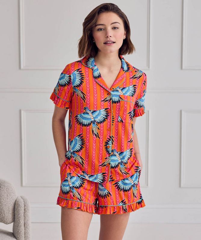 Chelsea Peers Parrot Stripe Print Frill Short Pajama Set
