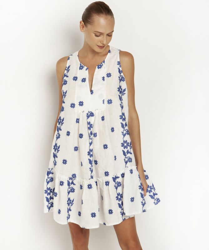 Greek Archaic Kori Linen Daisy Embroidered Mini Dress