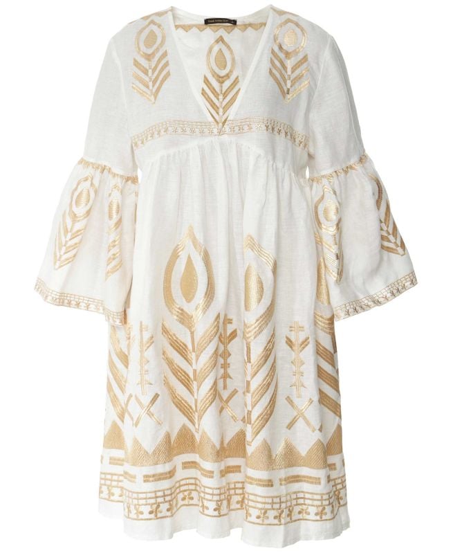 Greek Archaic Kori Feather Embroidered Mini Dress