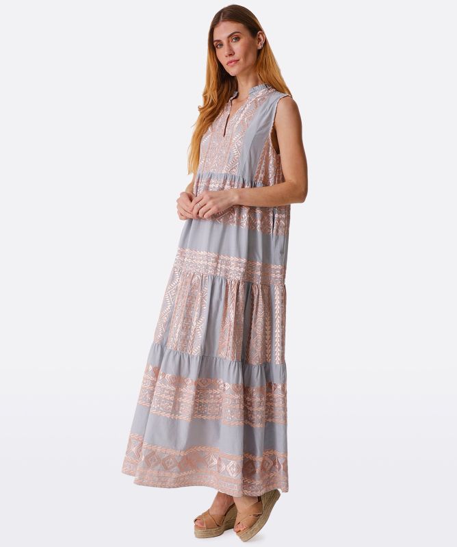 Greek Archaic Kori Linen Embroidered Midi Dress