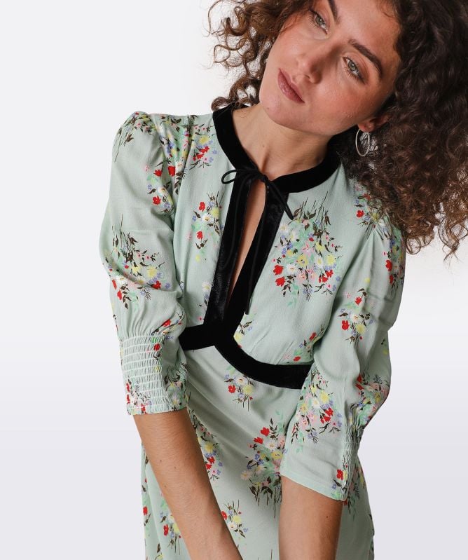 RIXO Petra Floral Velvet Trim Midi Dress