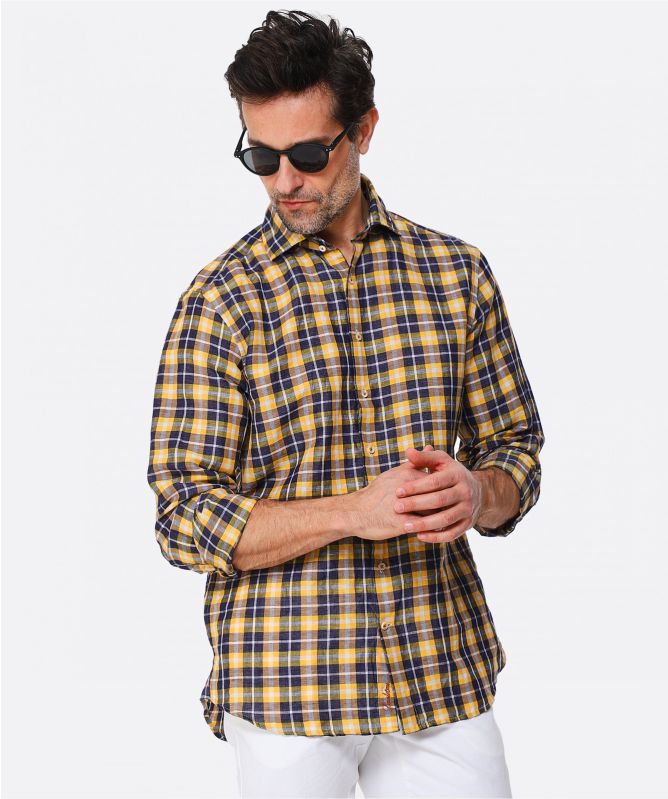 Stenstroms Fitted Body Linen Cotton Check Shirt