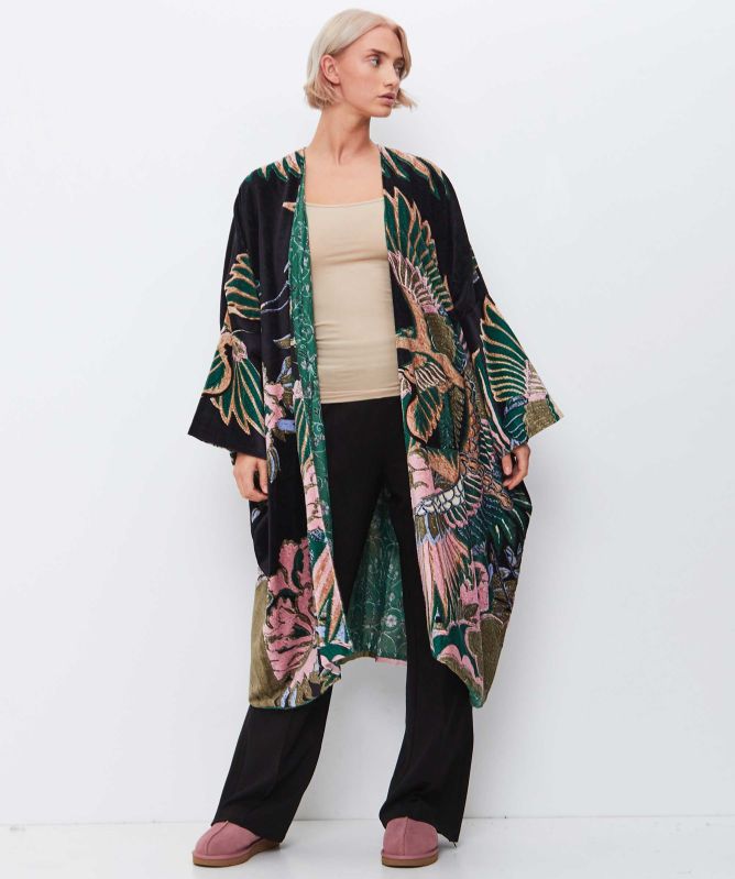 One Hundred Stars Crane Emerald Velvet Grande Kimono