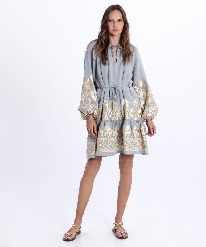 Greek Archaic Kori Phoenix Embroidered Mini Dress