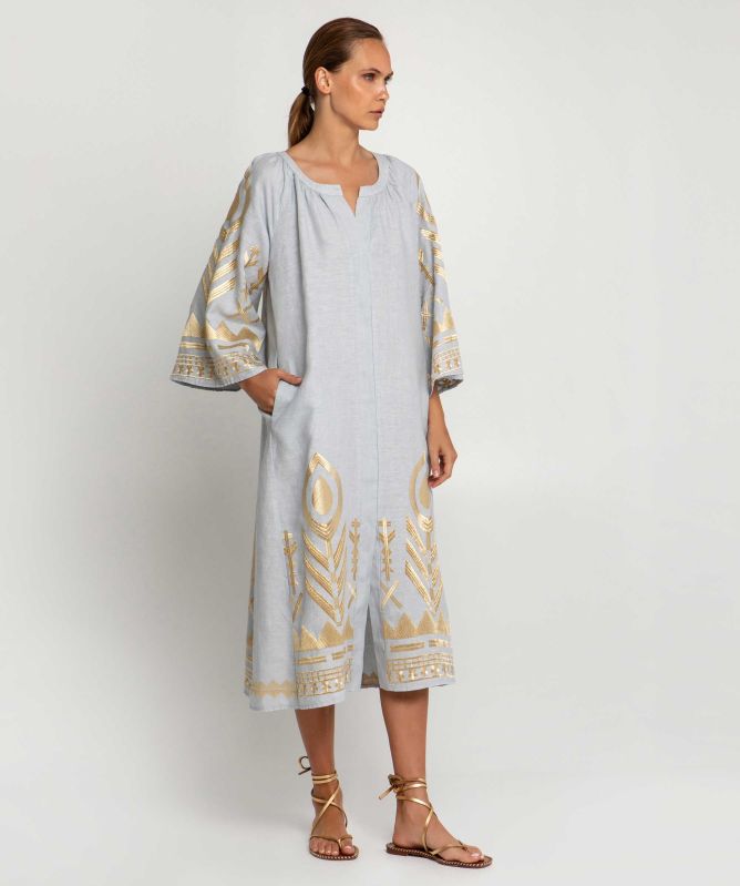 Greek Archaic Kori Linen Belted Feather Dress