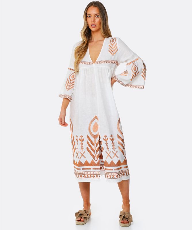 Greek Archaic Kori Embroidered Linen V-Neck Midi Dress