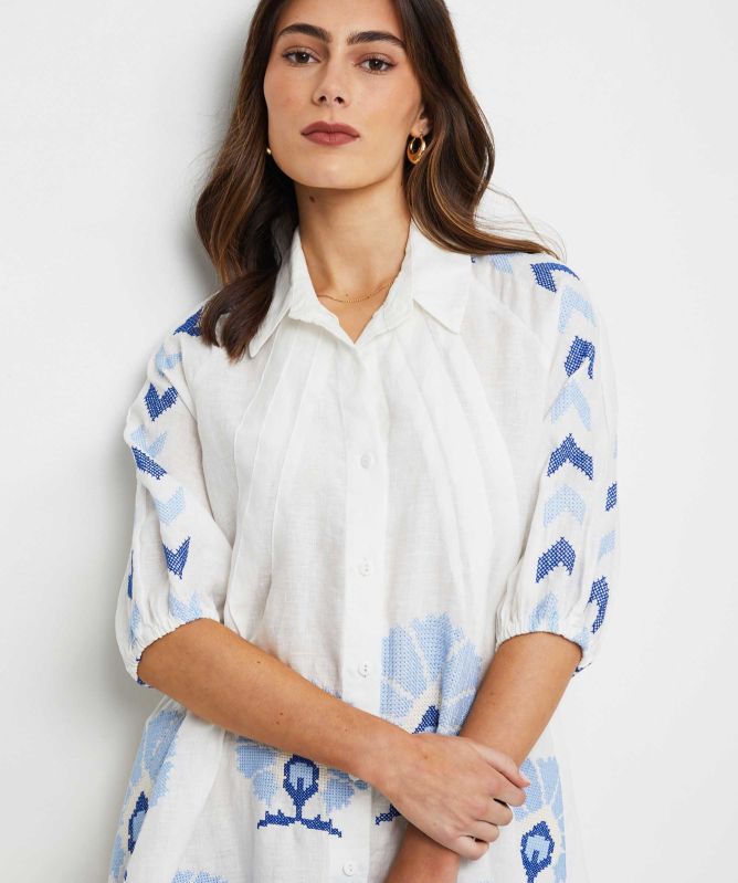 Greek Archaic Kori Puff Sleeve Shirt Dress