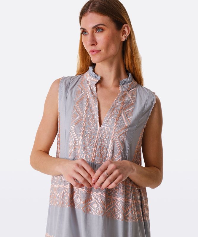 Greek Archaic Kori Linen Embroidered Midi Dress