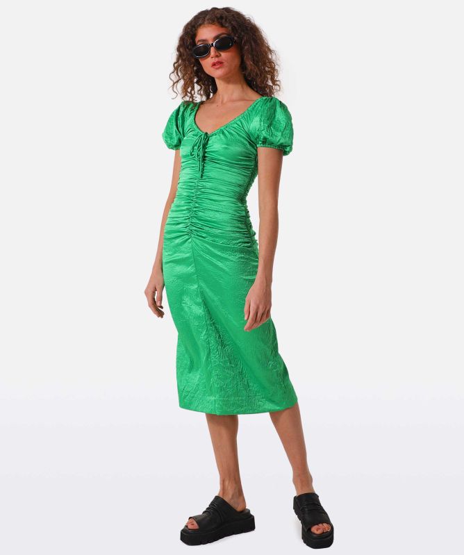 knee length dresses for ladies Ganni Floral Crinkled Satin U-Neck Midi Dress  BLU'S