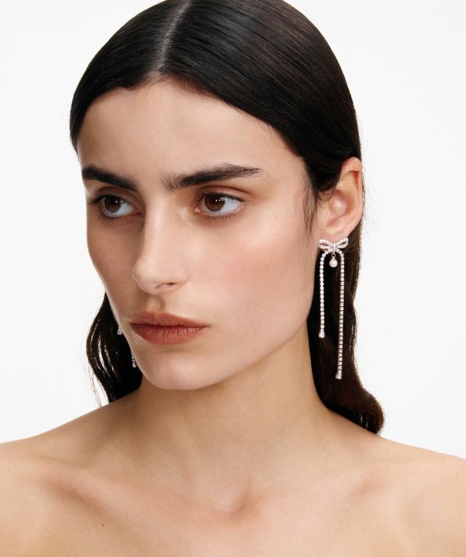 Self Portrait Crystal Bow Pearl Dangle Earrings